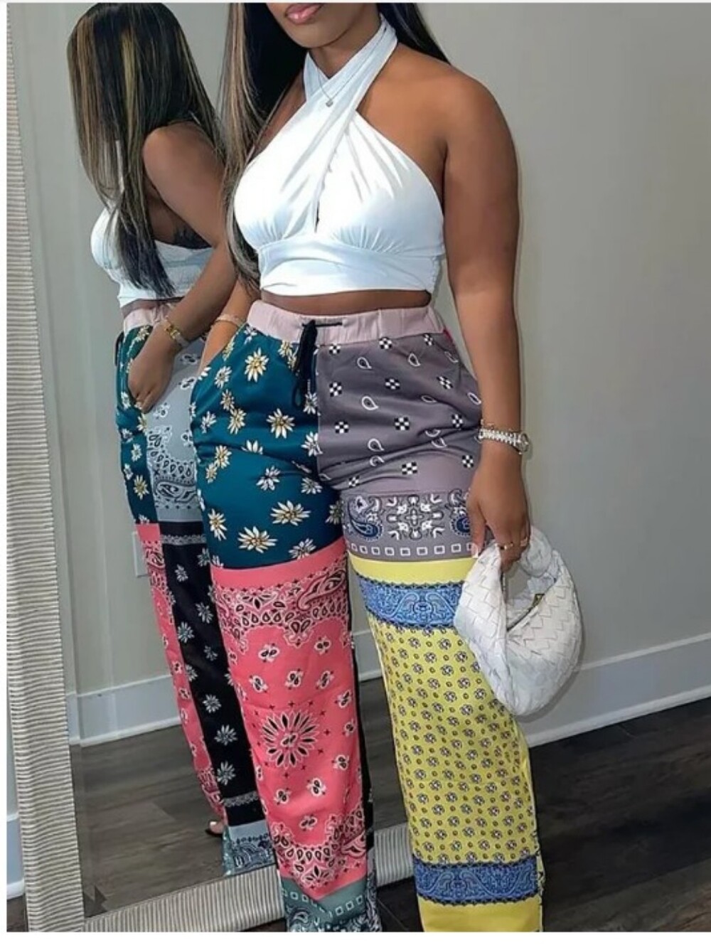 Beautiful Patchwork Paisley & Daisy Print Wide-Leg Pants - Multicolor🍓🩷✨
